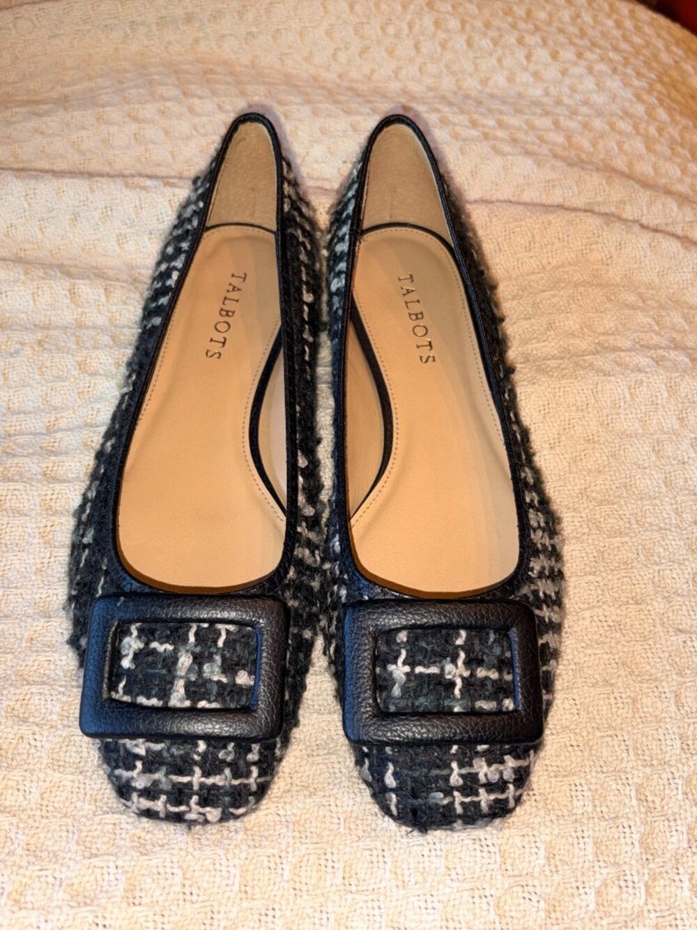 Talbots Tweed Buckle Ballet Flats Black White Size 8M